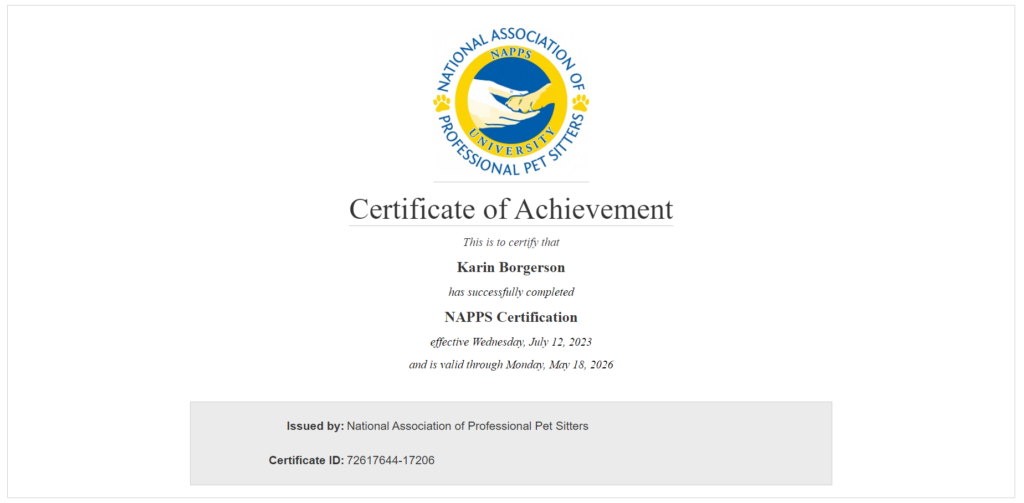 Certificate reflecting that Karin Borgerson has NAPPS Certification.